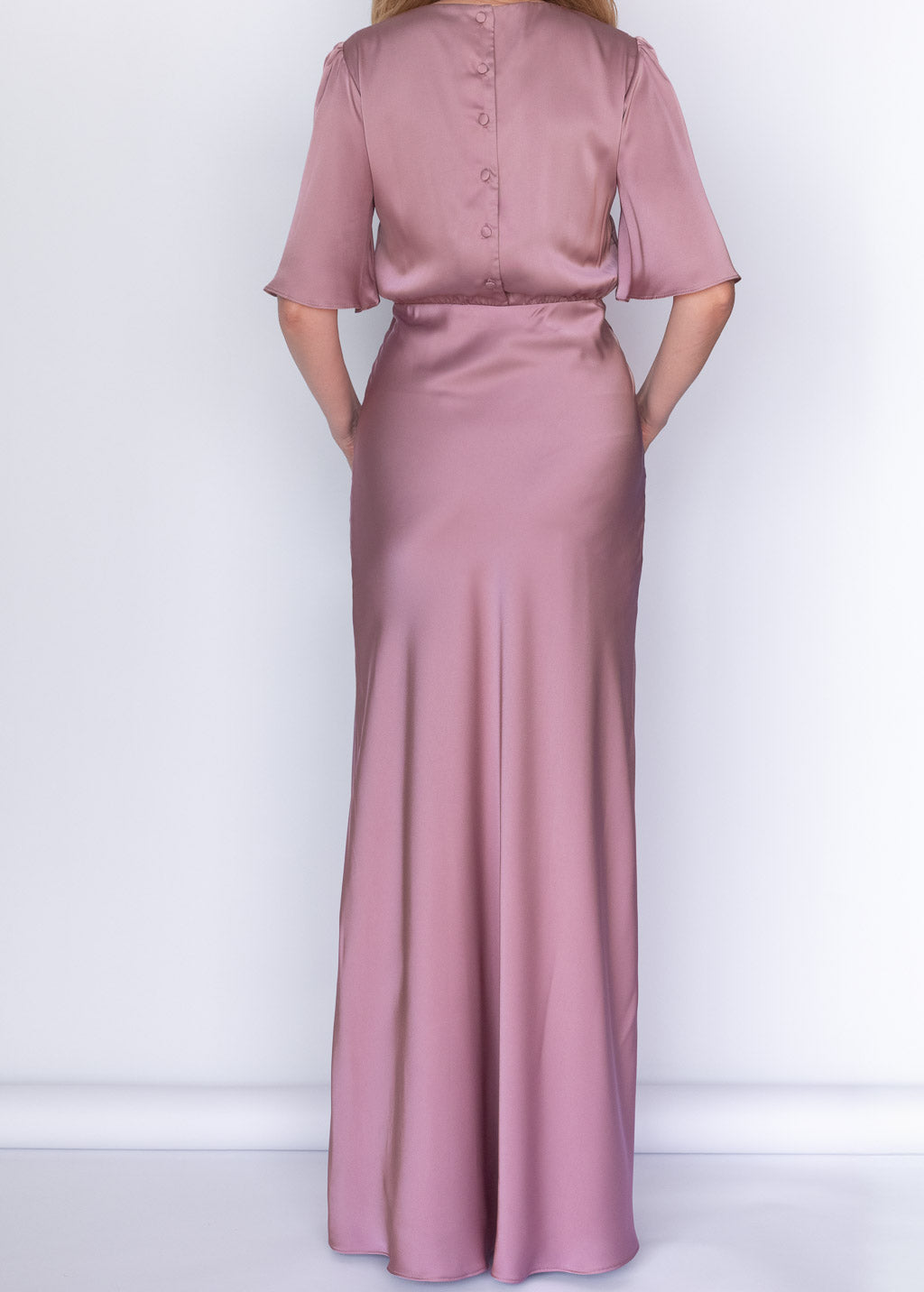 Champagne Rose Silk Maxi Dress with Flutter Sleeves