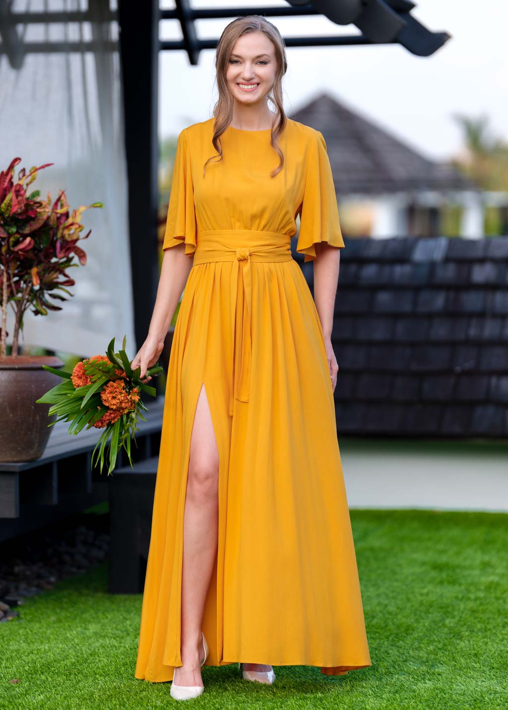 Honey yellow slit dress with belt