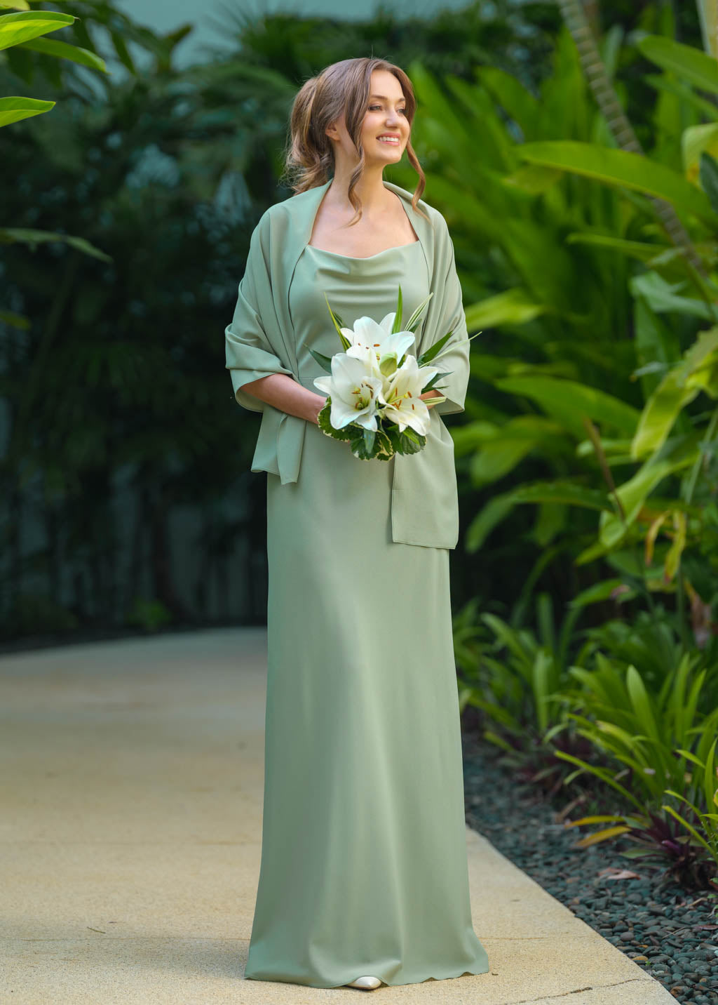 Sage green chiffon long dress with shawl