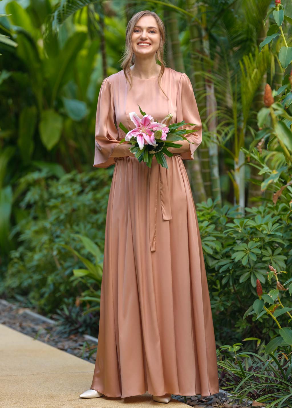 Rose gold silk dress with belt