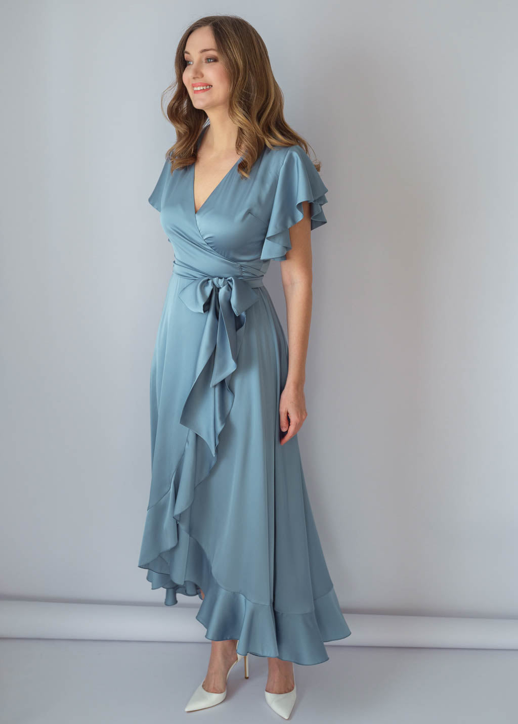 Dusty Blue Silk Wrap Ruffle Dress