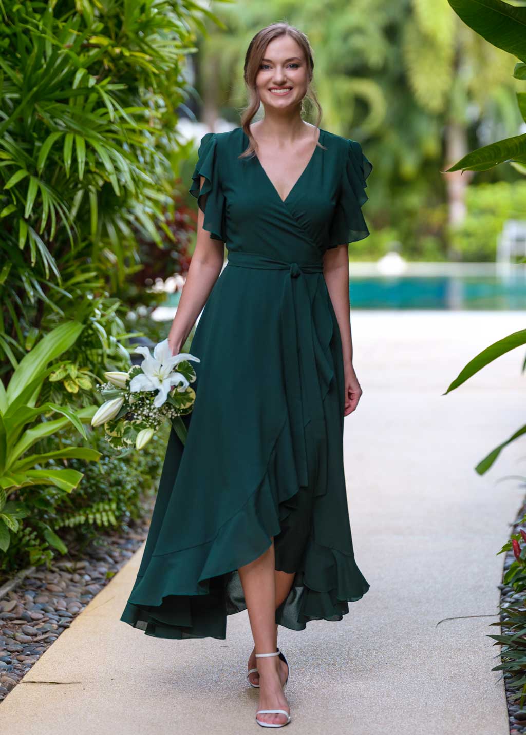 Dark green chiffon wrap dress