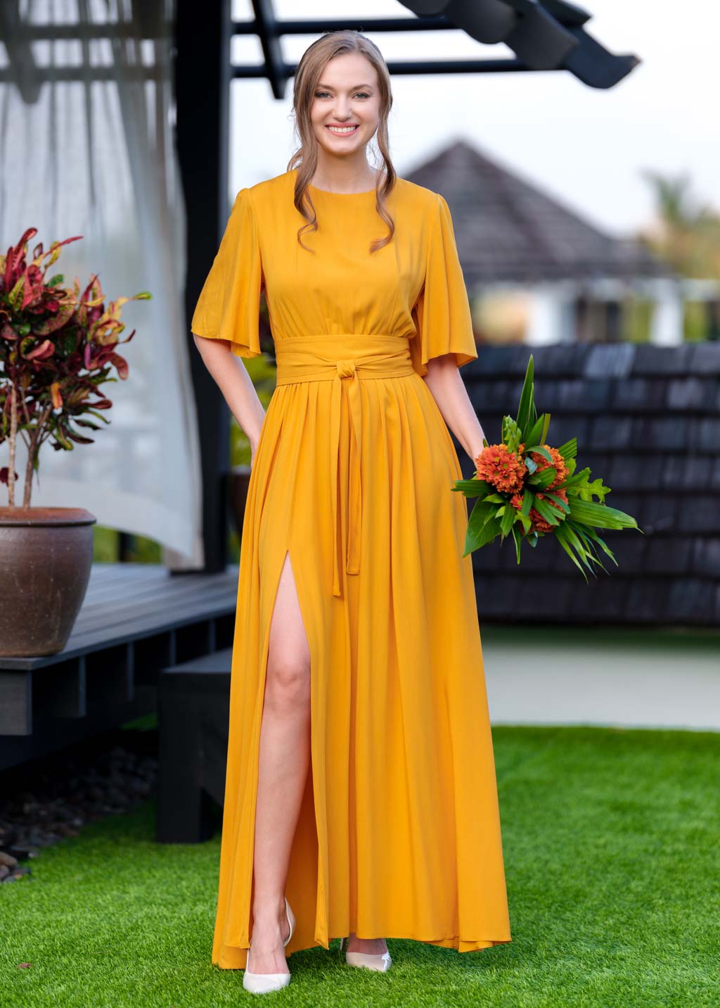 Honey yellow slit dress with belt
