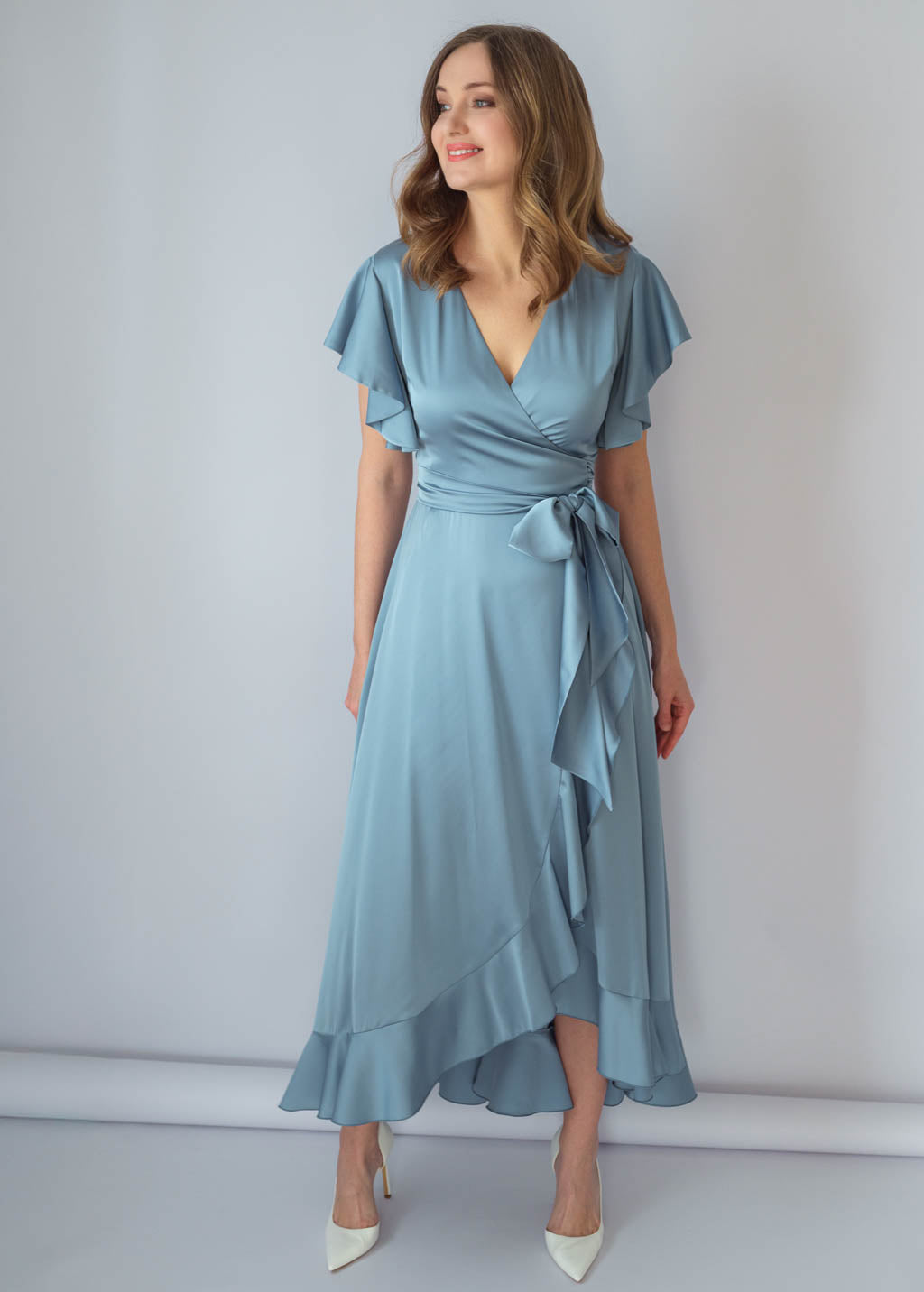 Dusty Blue Silk Wrap Ruffle Dress