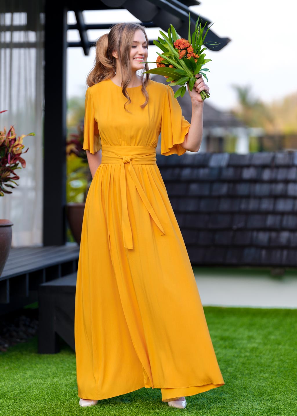 Honey yellow long dress with belt
