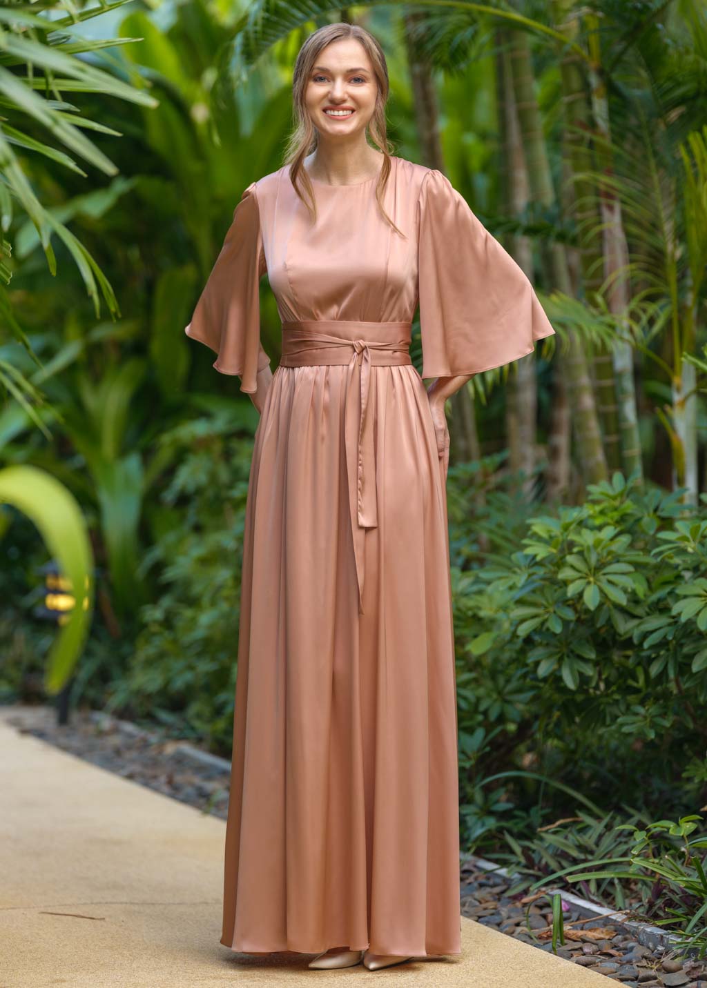 Rose gold silk slit dress with belt