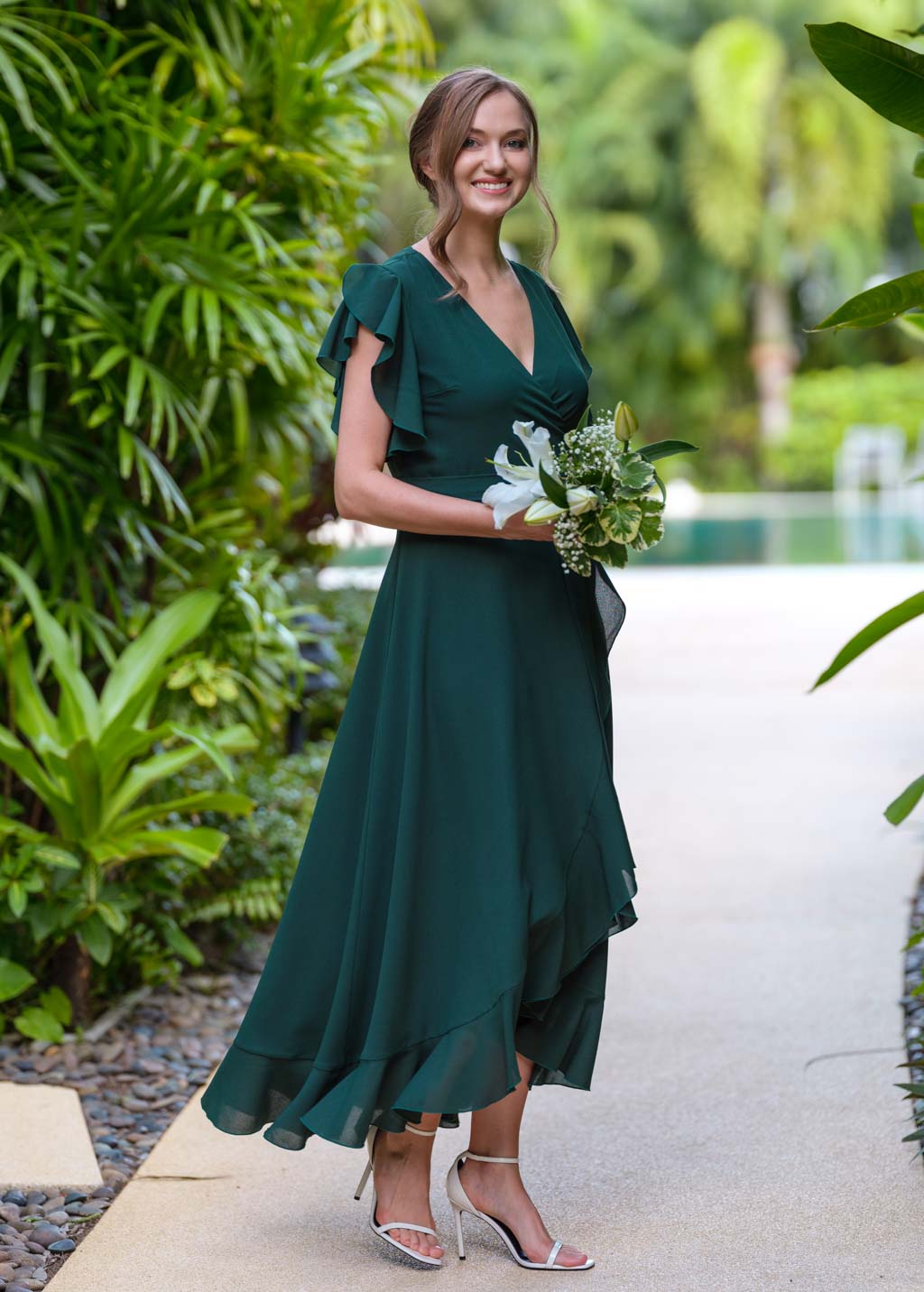 Dark green chiffon wrap dress