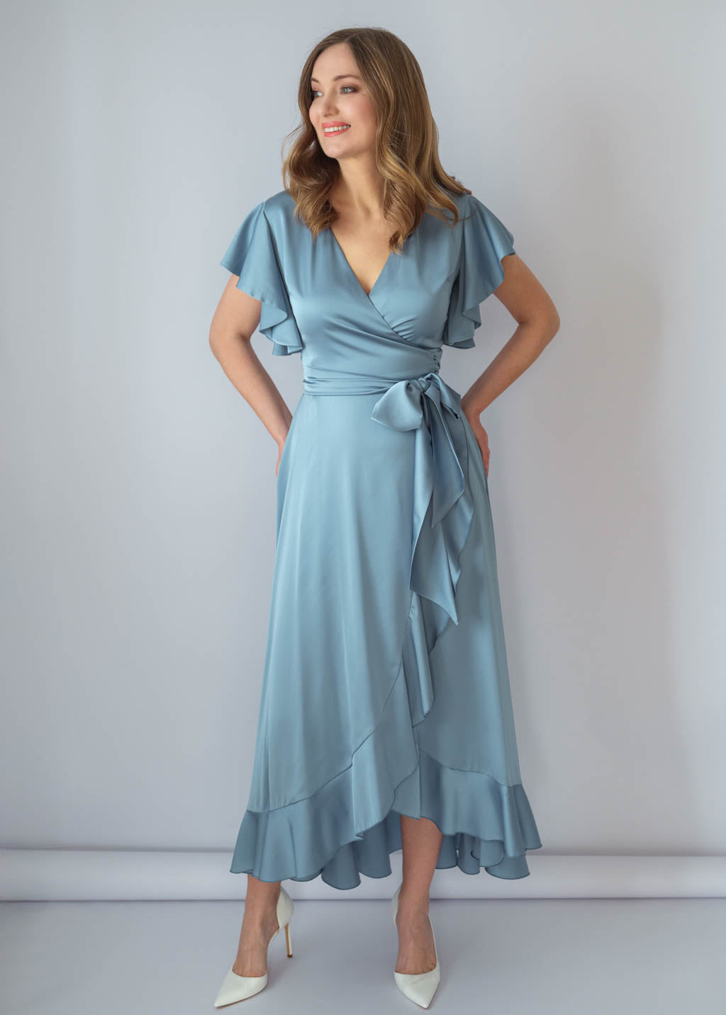 Dusty Blue Silk Wrap Ruffle Dress