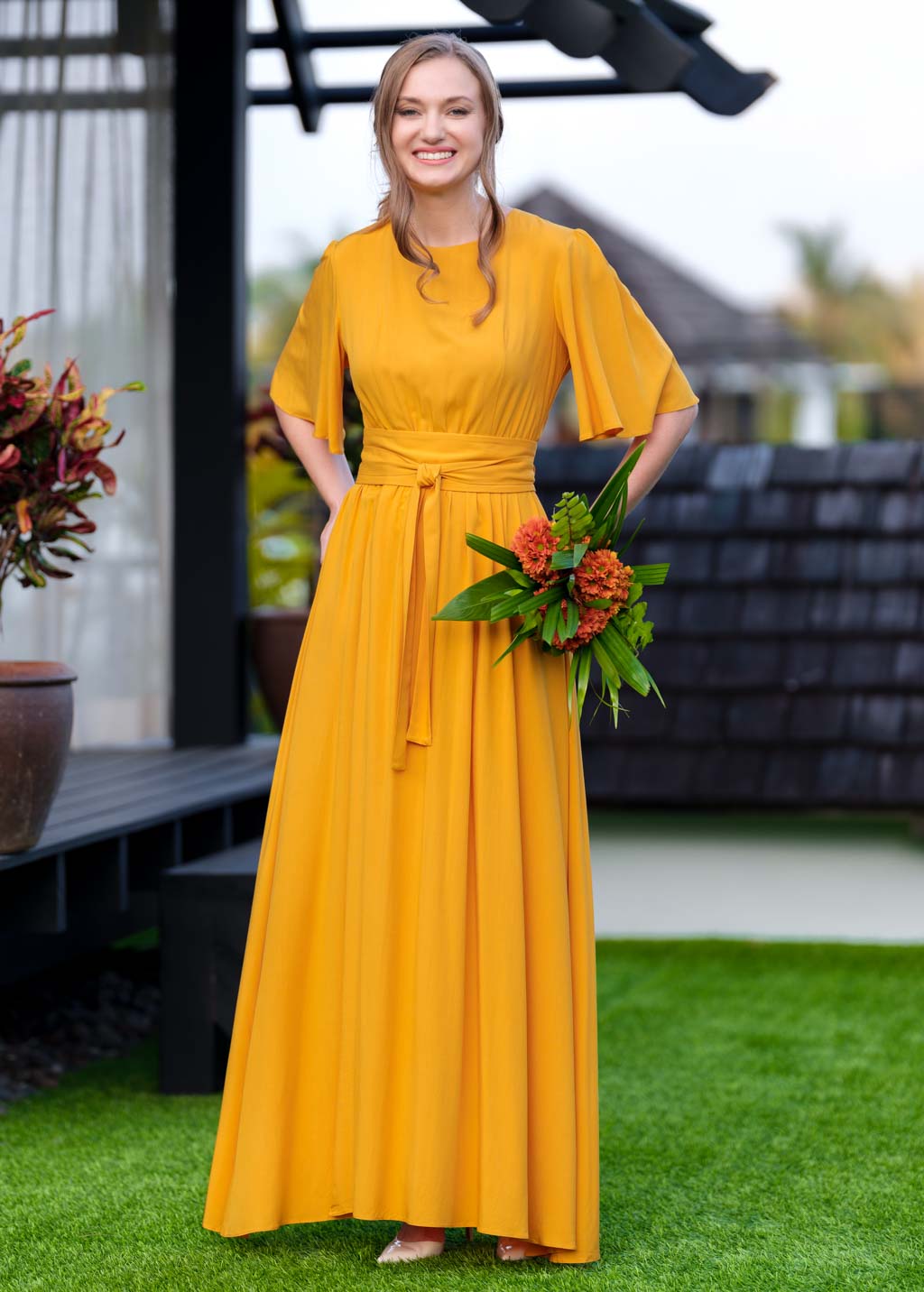 Honey yellow long dress with belt