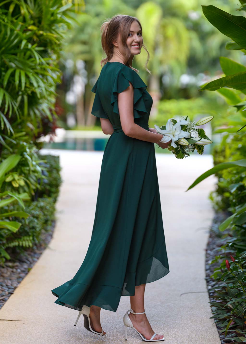 Dark green chiffon wrap dress