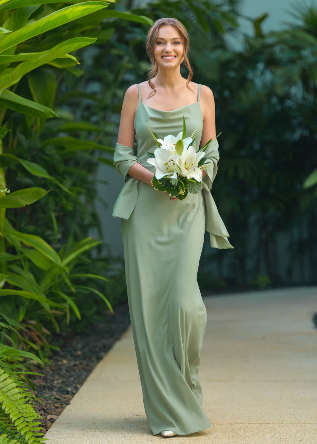 Sage green chiffon long dress with shawl