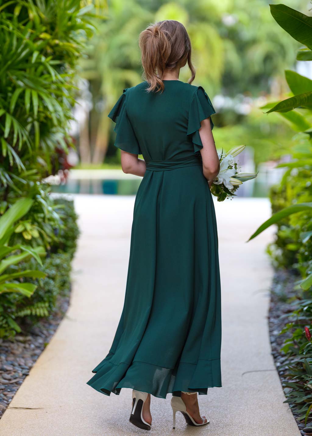 Dark green chiffon wrap dress