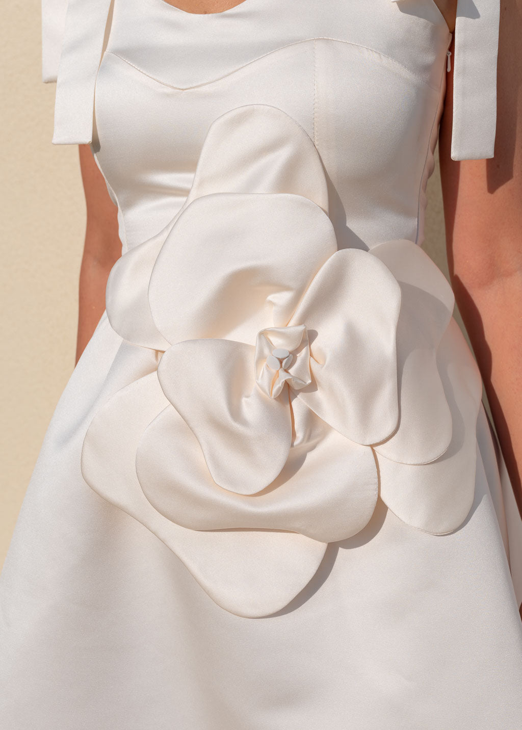 Ivory satin dress & handmade flower