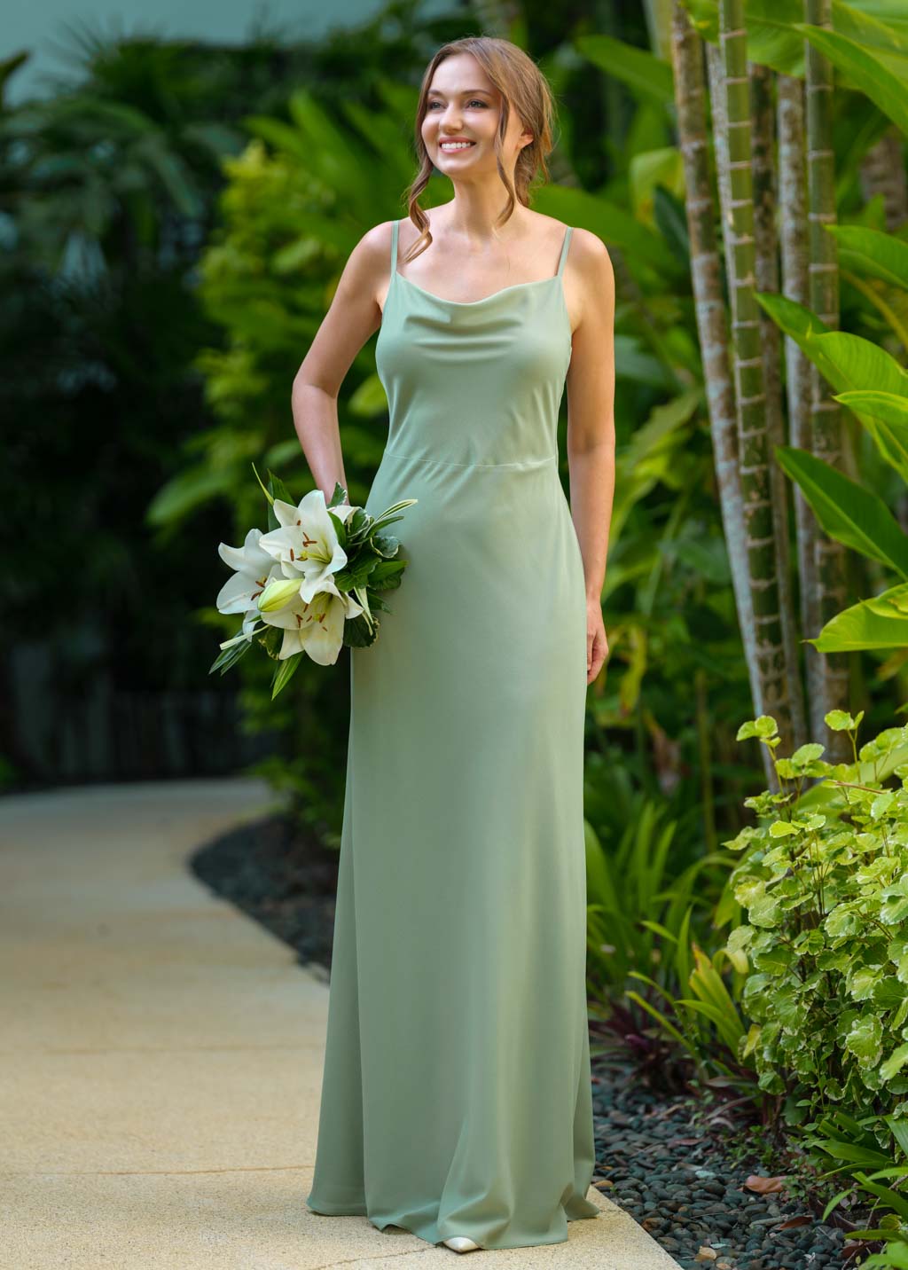 Sage green chiffon long dress with shawl
