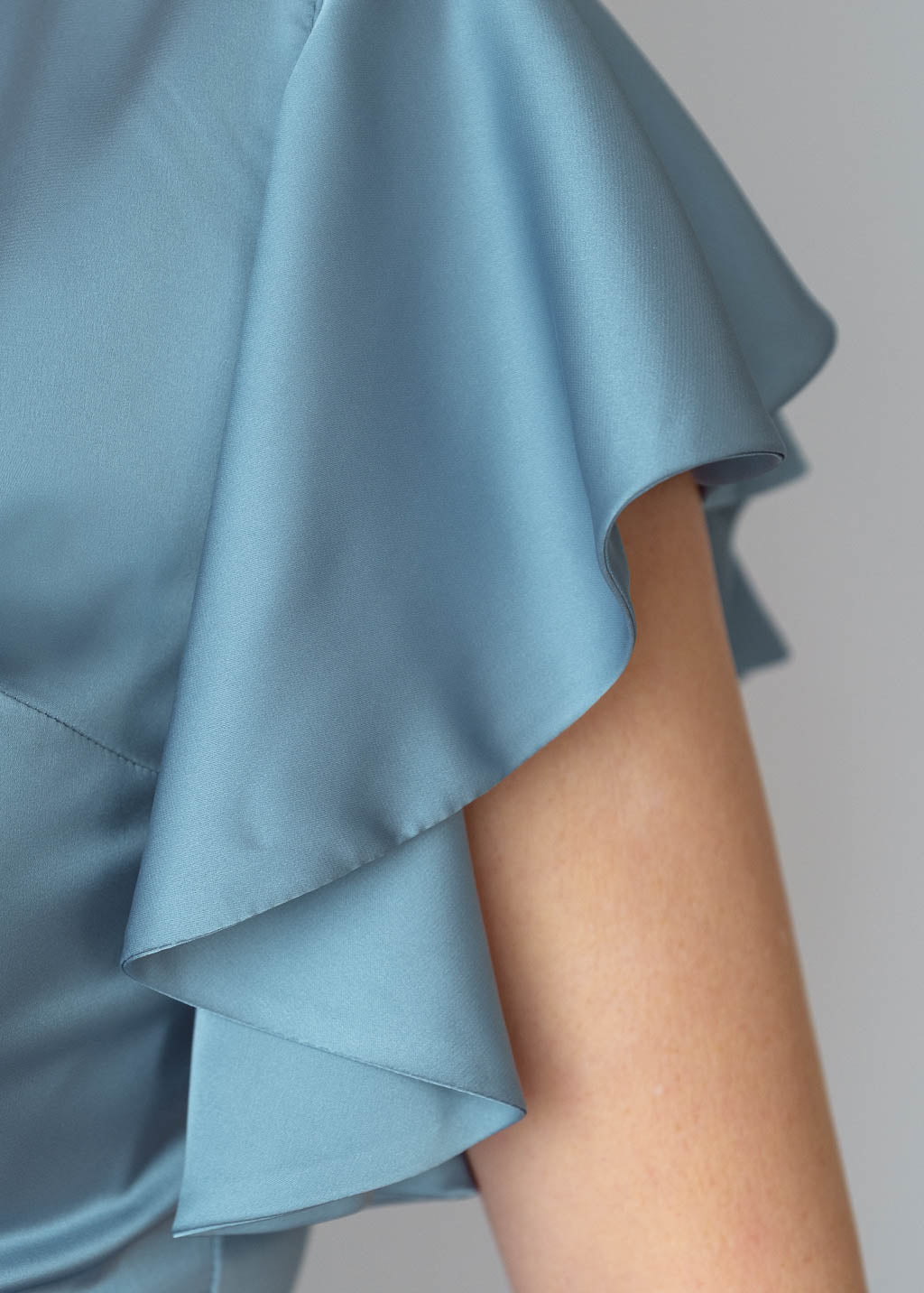 Dusty Blue Silk Wrap Ruffle Dress
