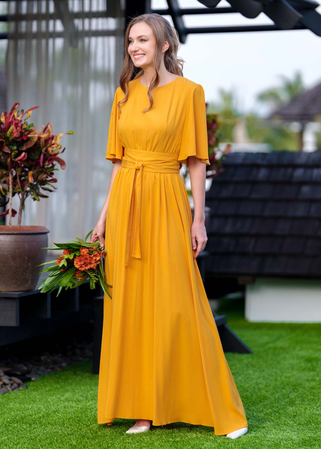 Honey yellow slit dress with belt