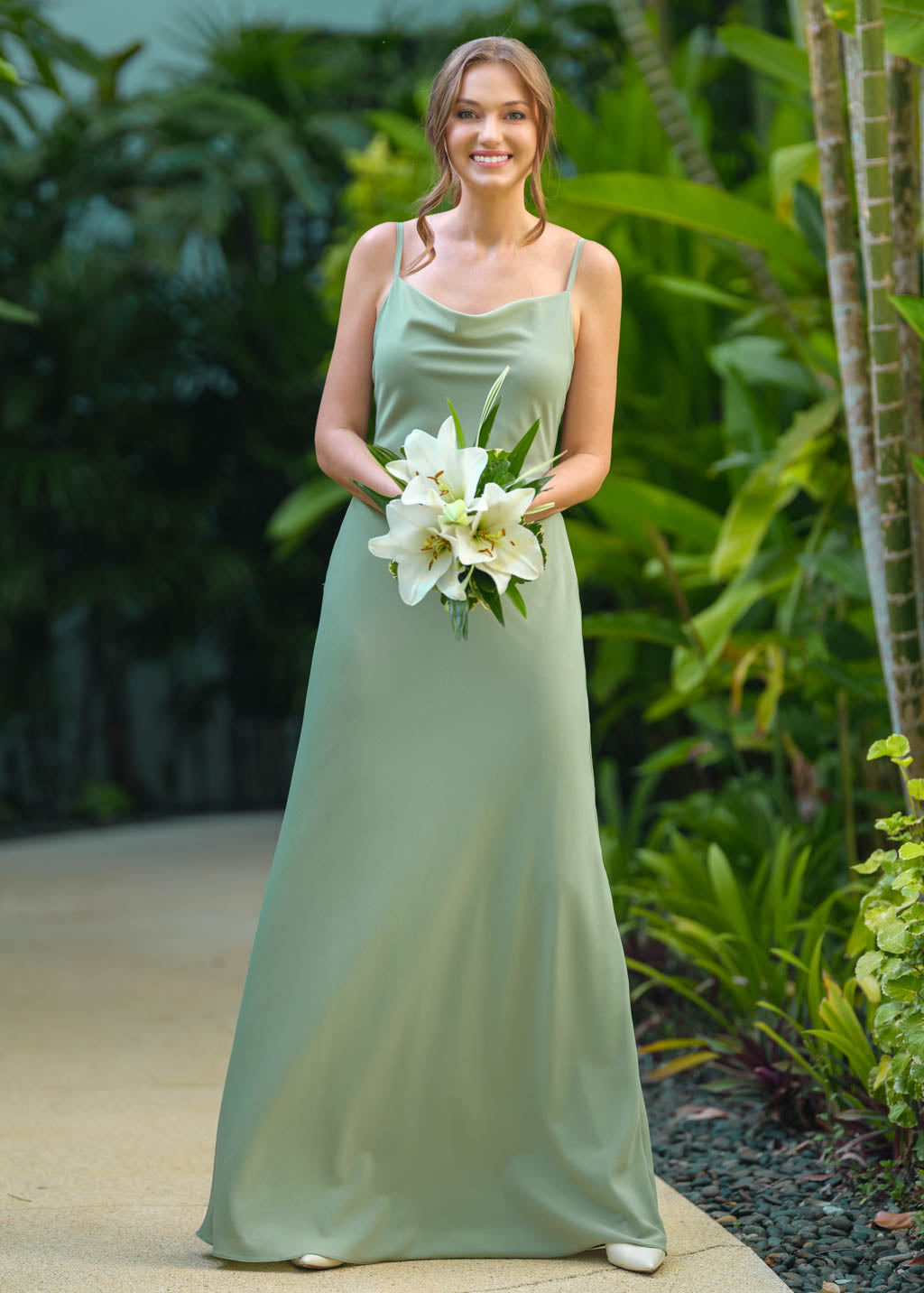 Sage green chiffon long dress with shawl