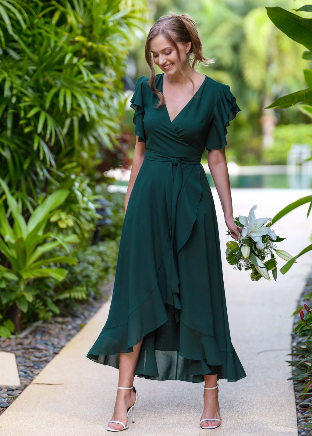 Dark green chiffon wrap dress