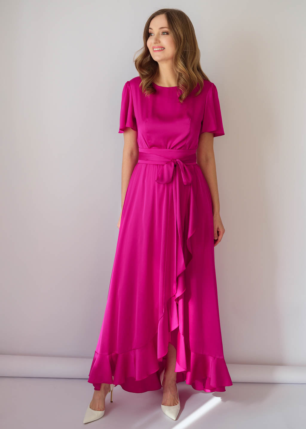 Fuchsia Silk Ruffle Dress with Belt