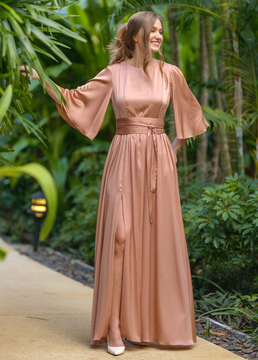 Rose gold silk dress with belt
