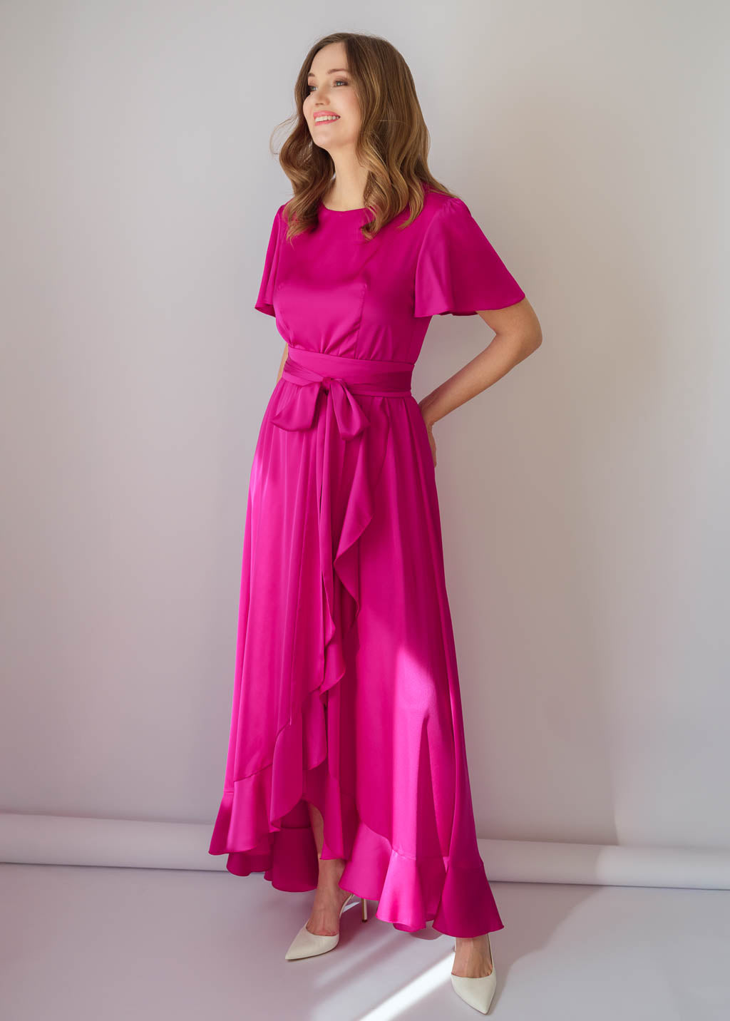 Fuchsia Silk Ruffle Dress with Belt