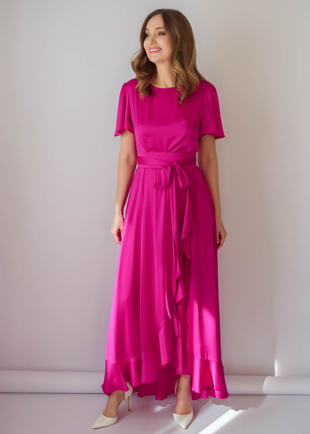 Fuchsia Silk Ruffle Dress with Belt