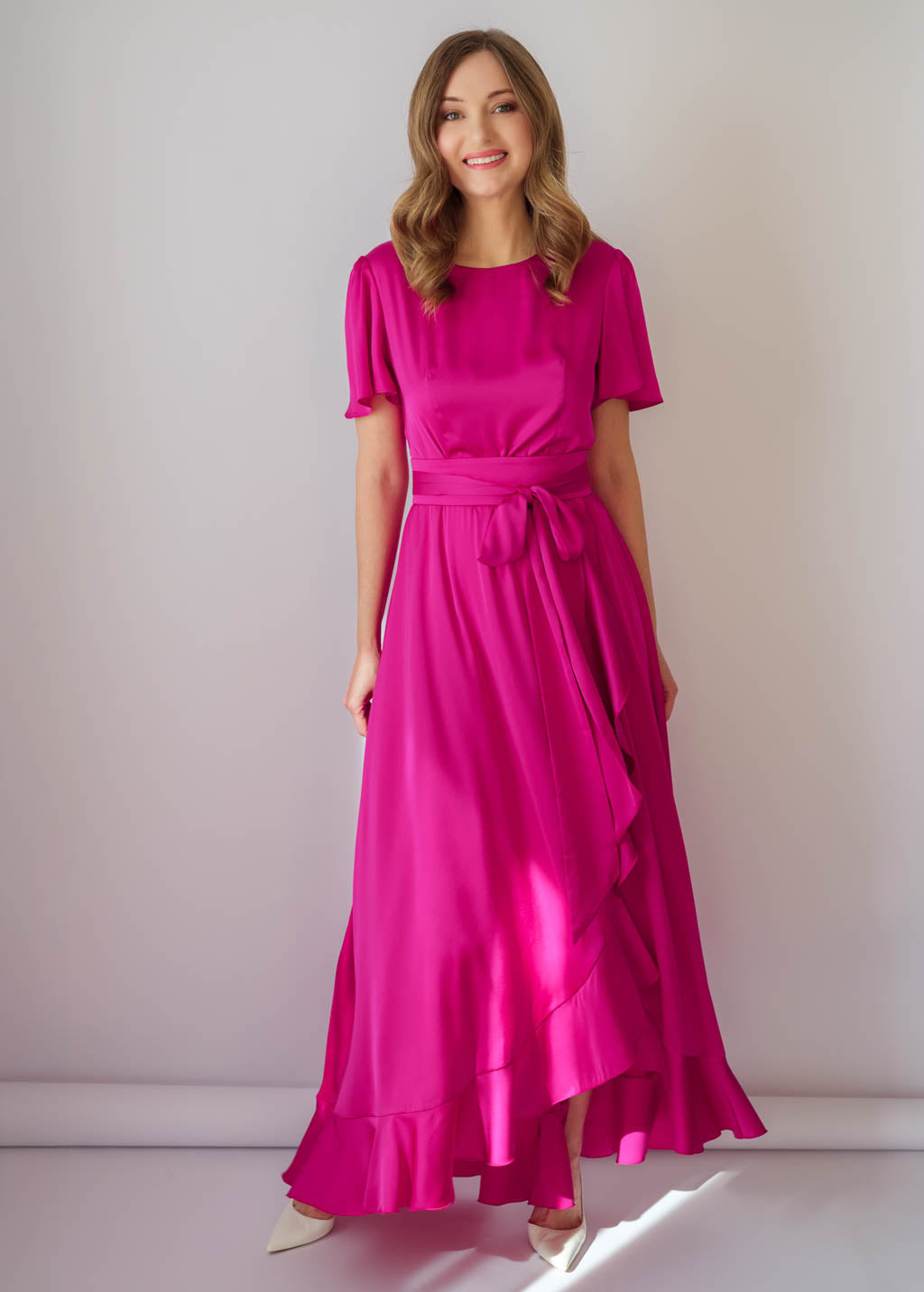 Fuchsia Silk Ruffle Dress with Belt