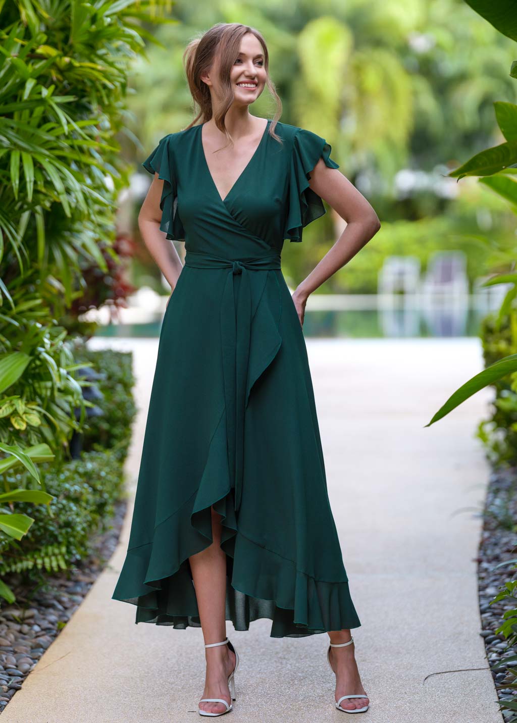 Dark green chiffon wrap dress