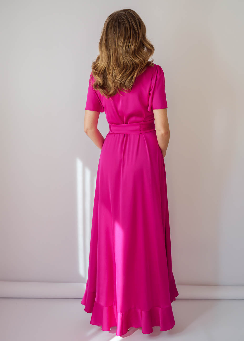 Fuchsia Silk Ruffle Dress with Belt