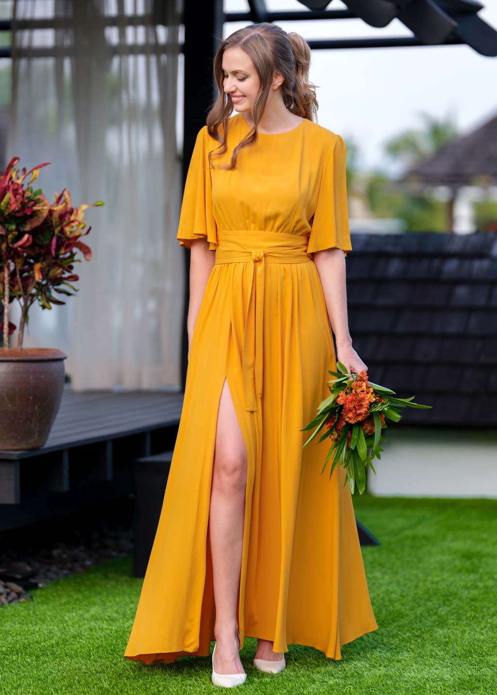 Honey yellow slit dress with belt