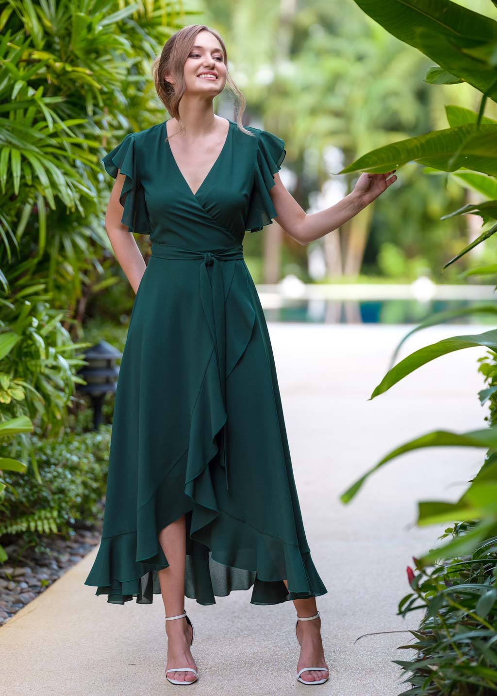 Dark green chiffon wrap dress