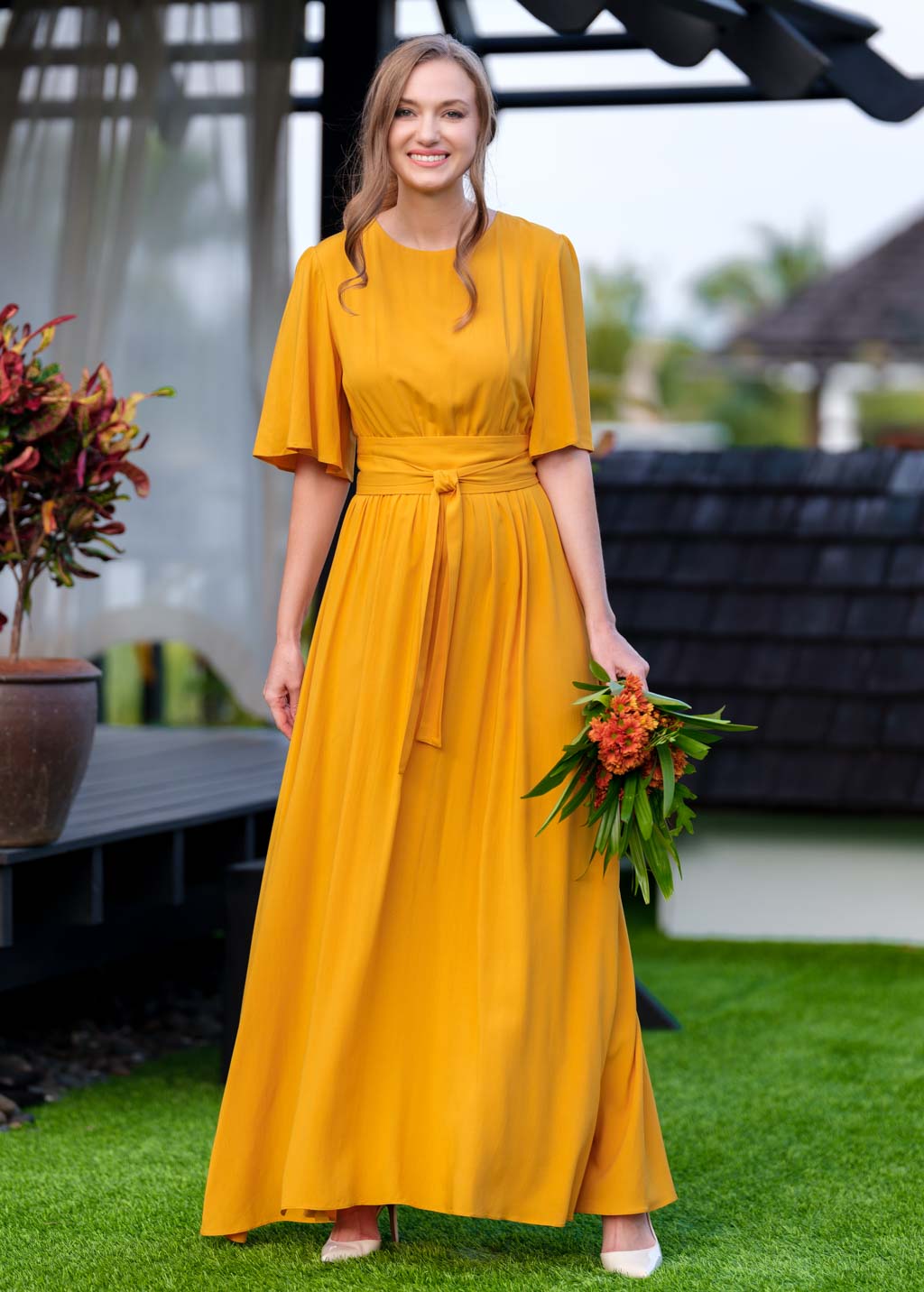 Honey yellow long dress with belt