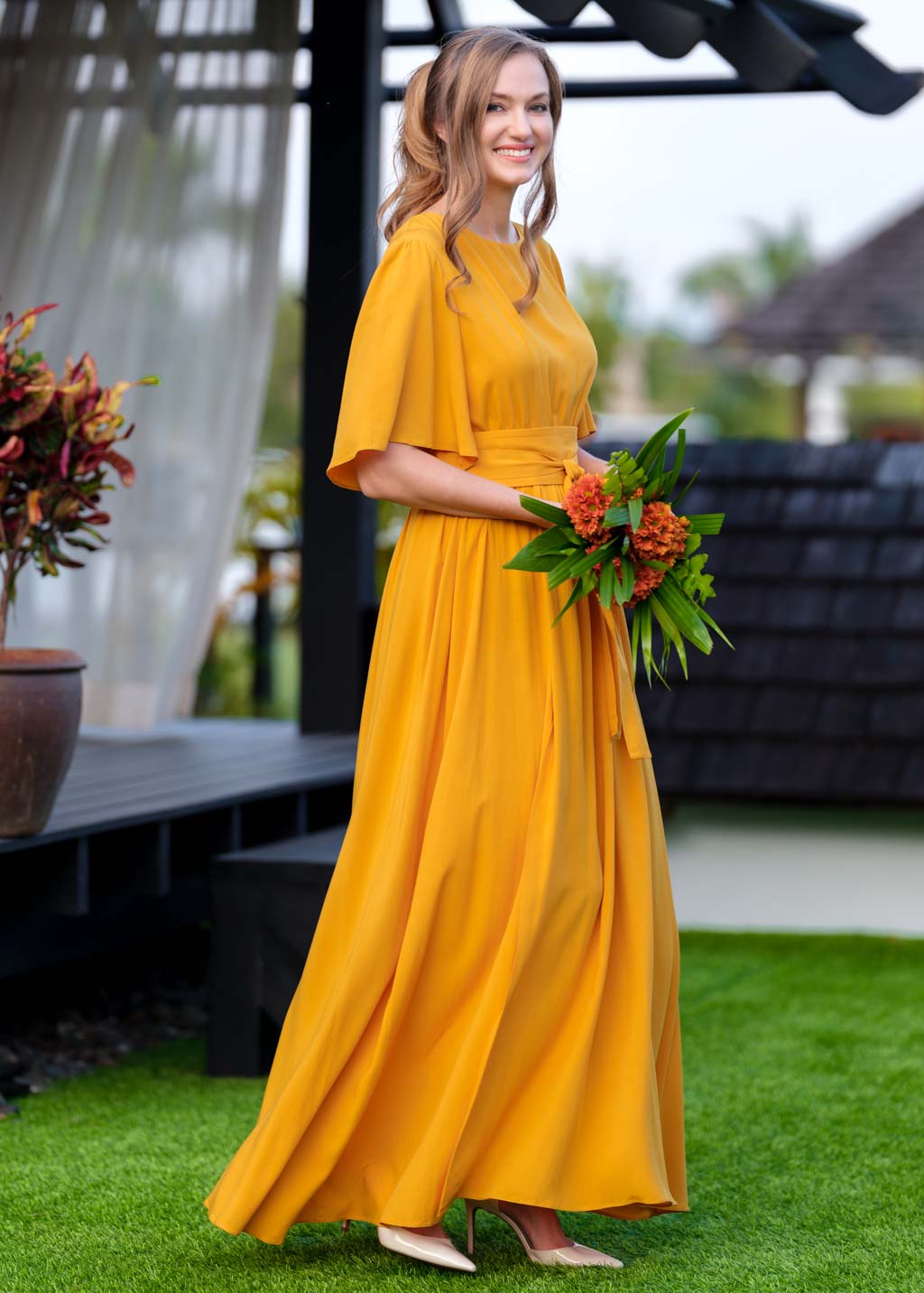 Honey yellow long dress with belt