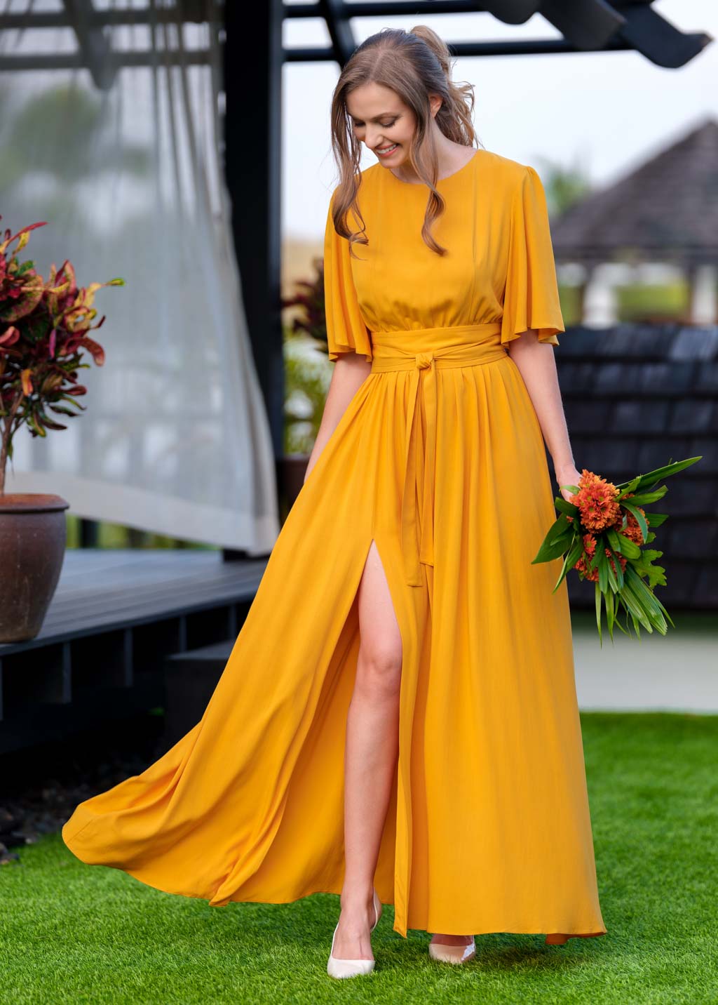 Honey yellow long dress with belt