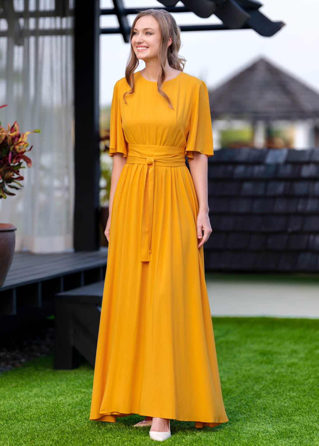 Honey yellow slit dress with belt