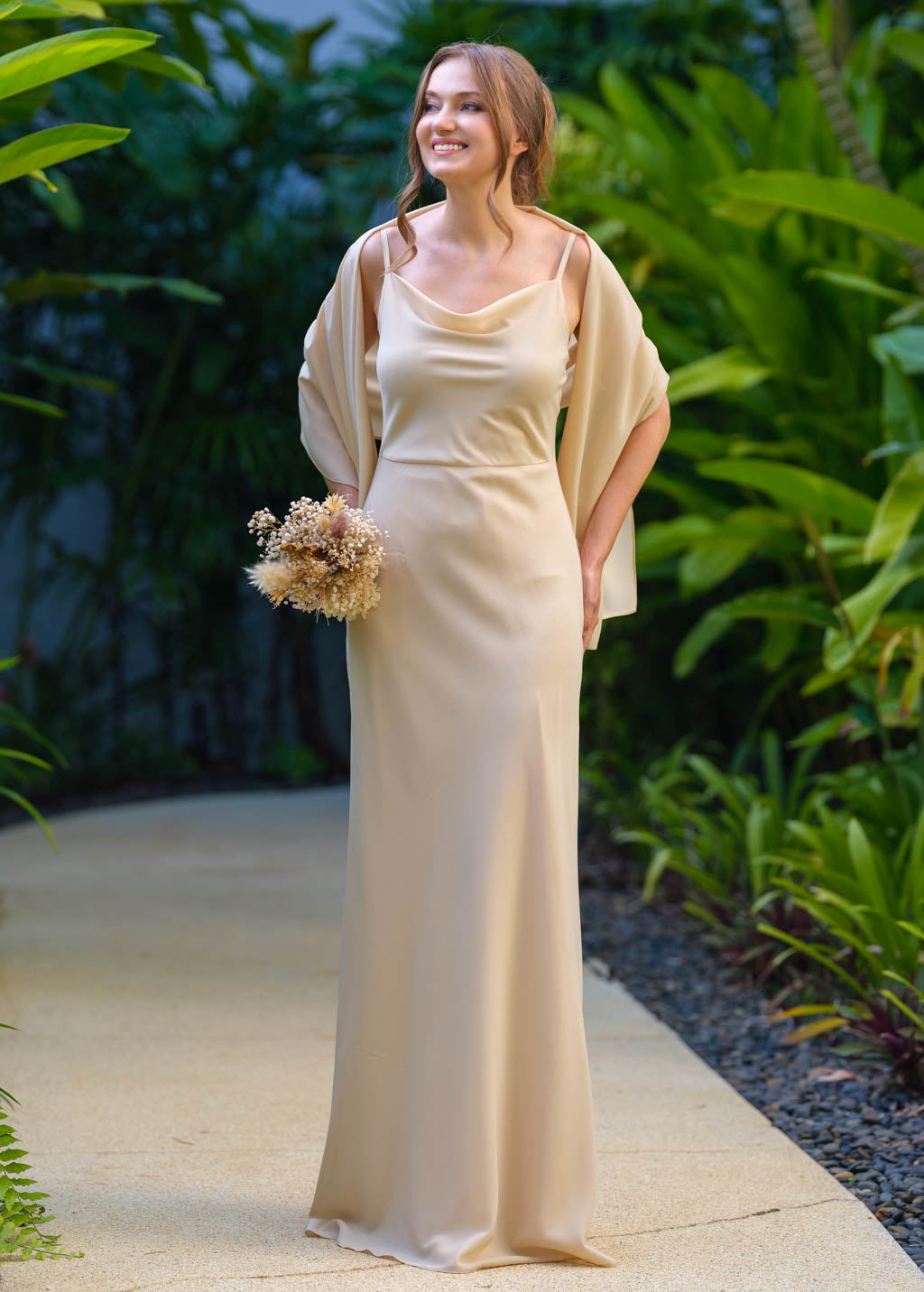 Champagne beige chiffon long dress with shawl