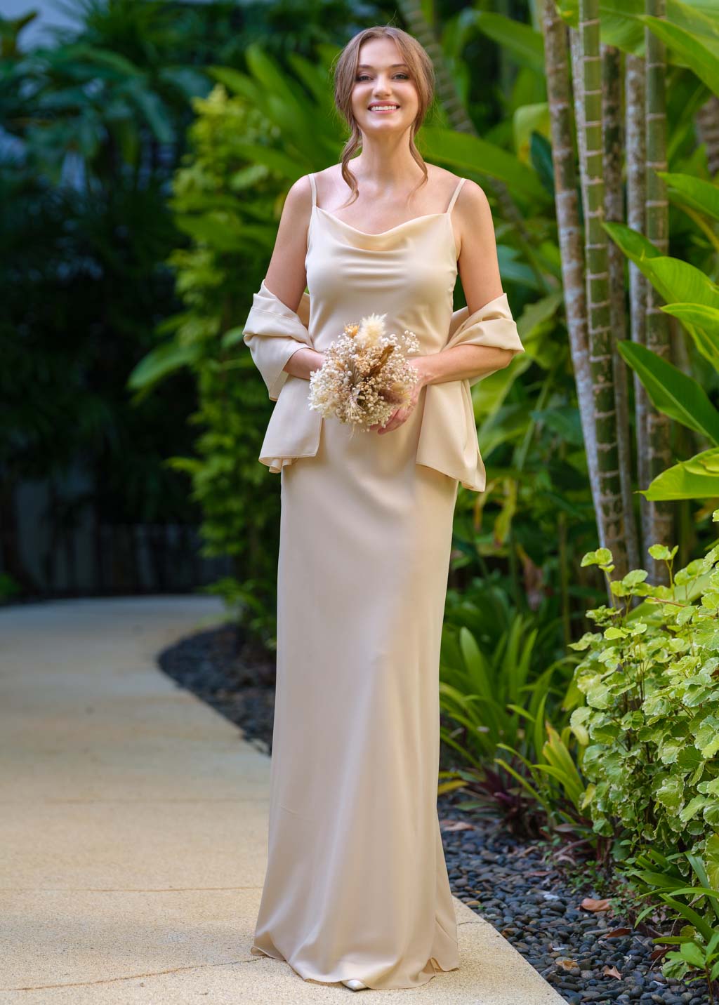 Champagne beige chiffon long dress with shawl