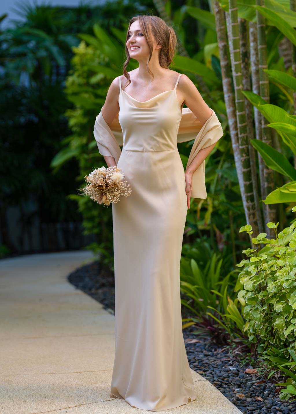 Champagne beige chiffon long dress with shawl