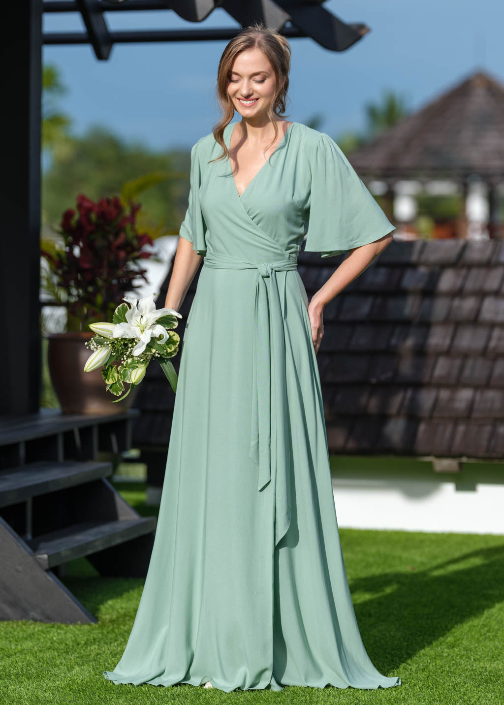 Sage Green romantic wrap dress