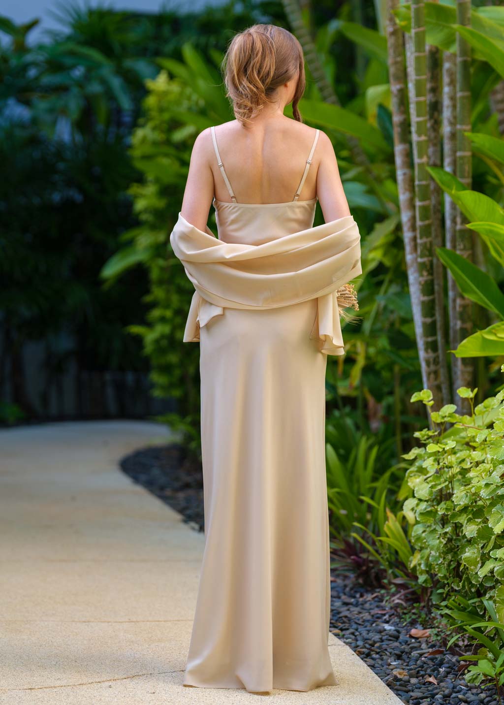 Champagne beige chiffon long dress with shawl