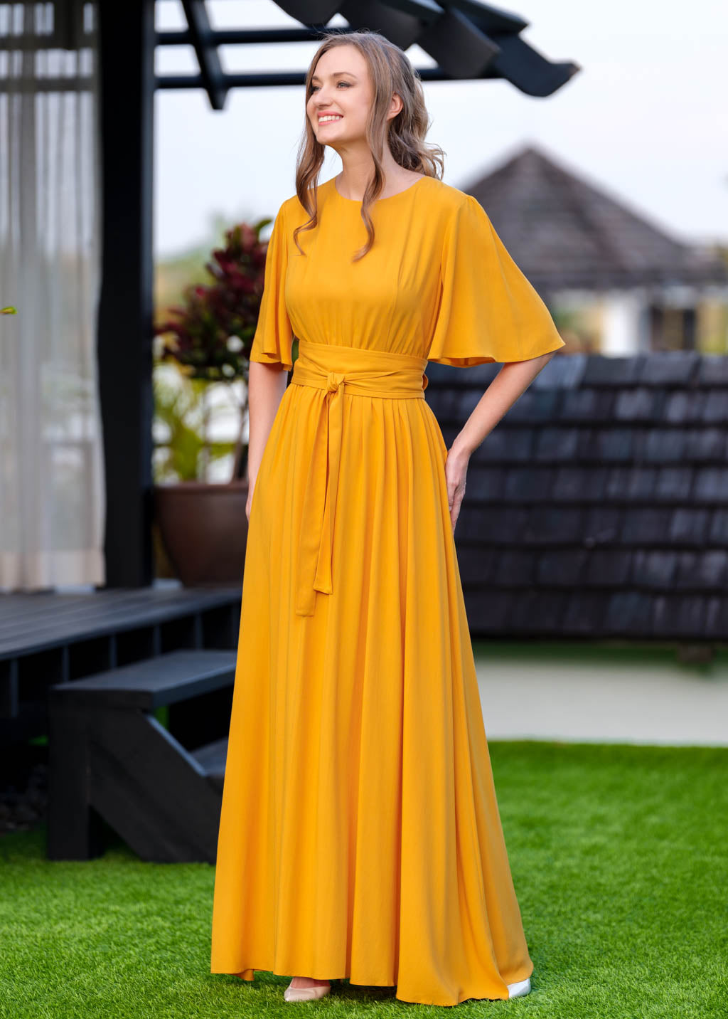 Honey yellow slit dress with belt