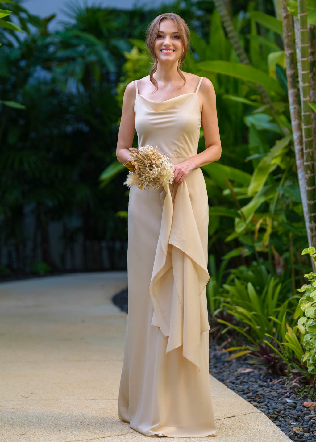Champagne beige chiffon long dress with shawl