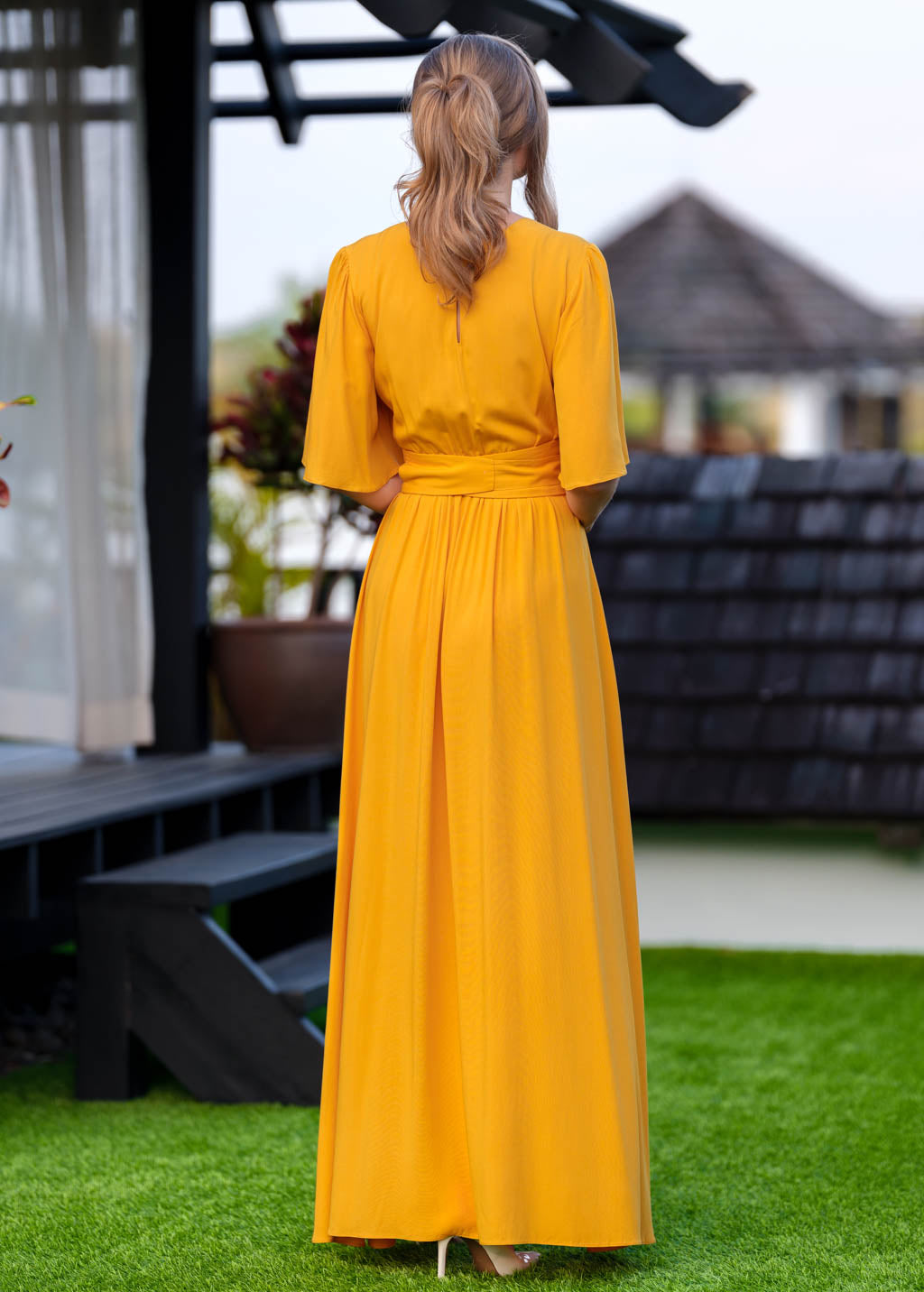 Honey yellow slit dress with belt