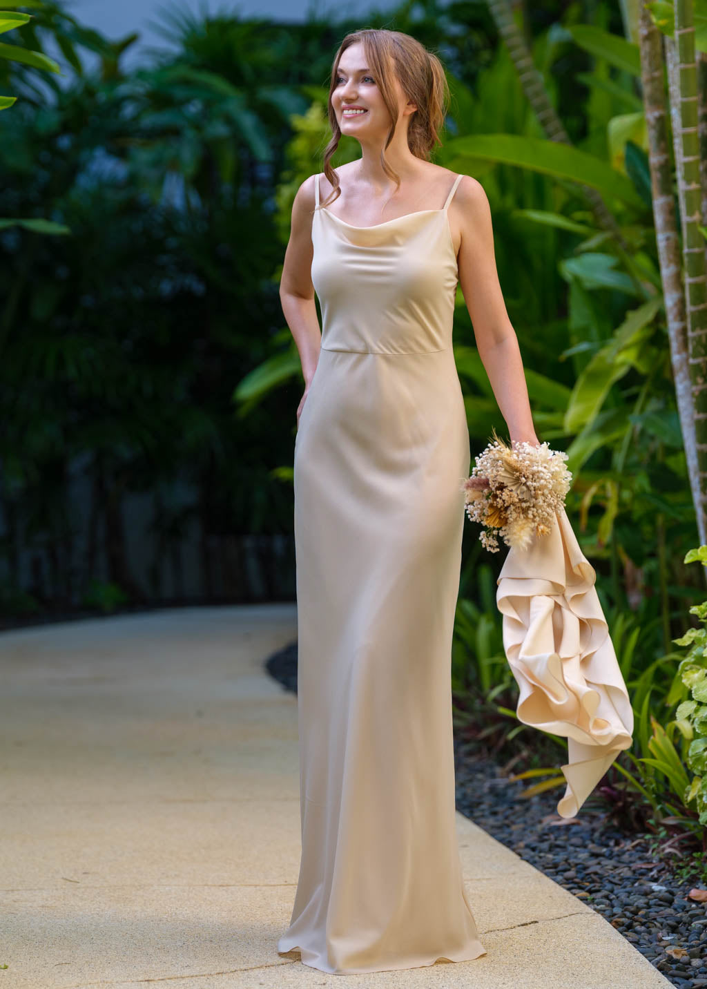 Champagne beige chiffon long dress with shawl