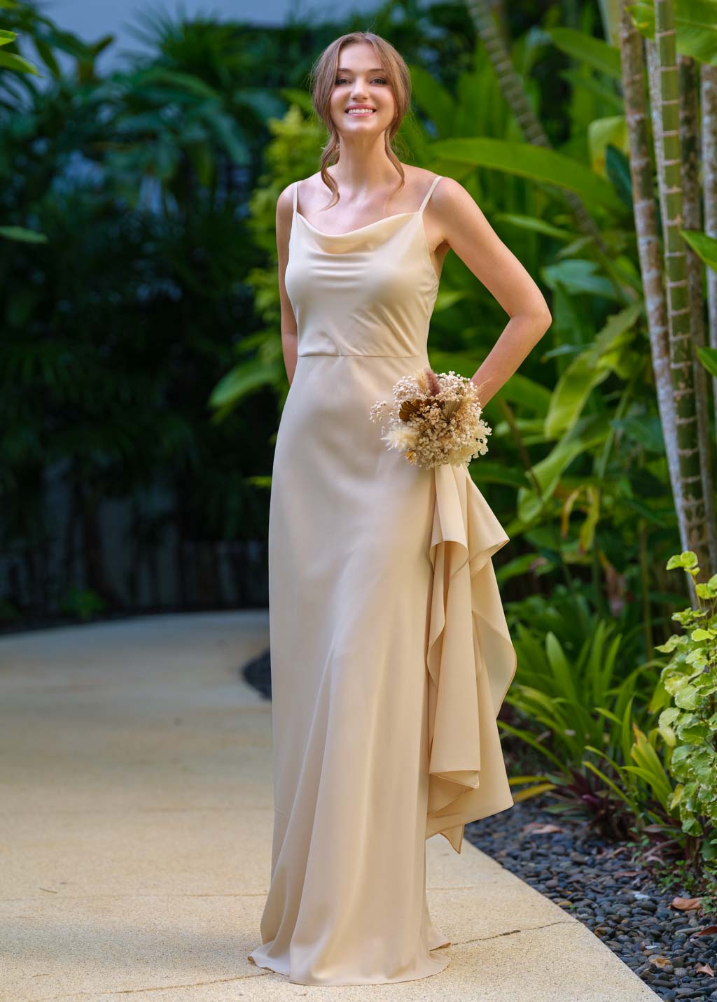 Champagne beige chiffon long dress with shawl