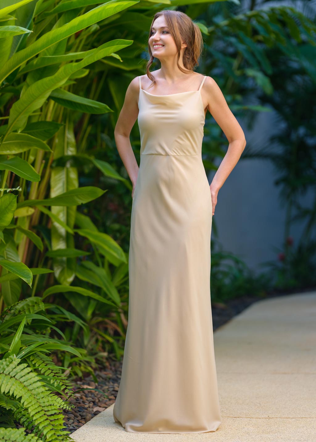 Champagne beige chiffon long dress with shawl