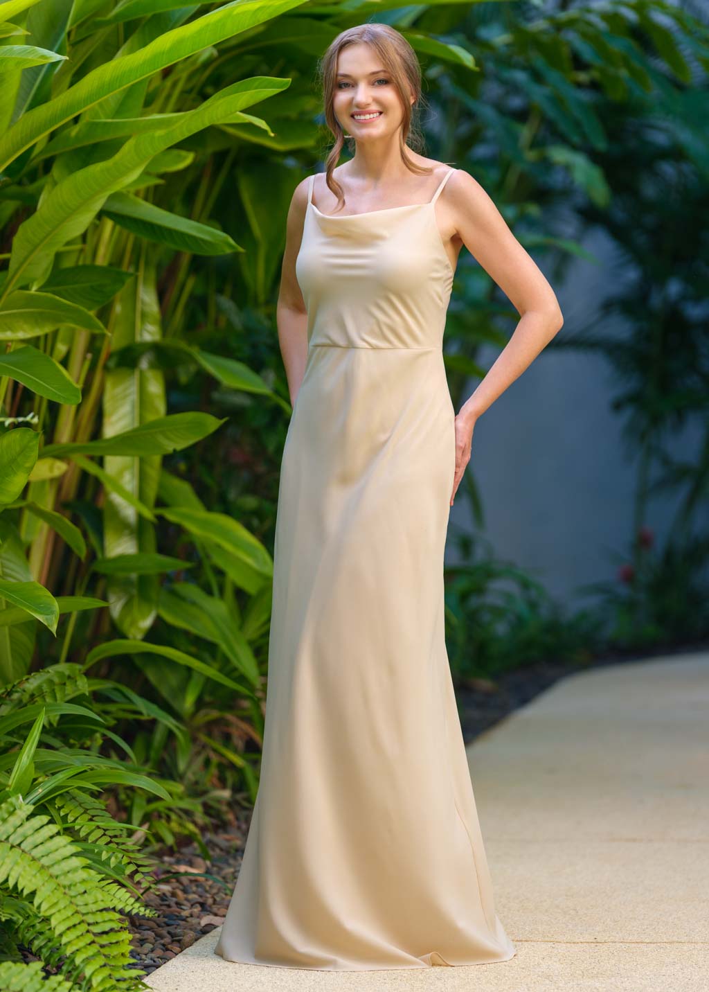 Champagne beige chiffon long dress with shawl