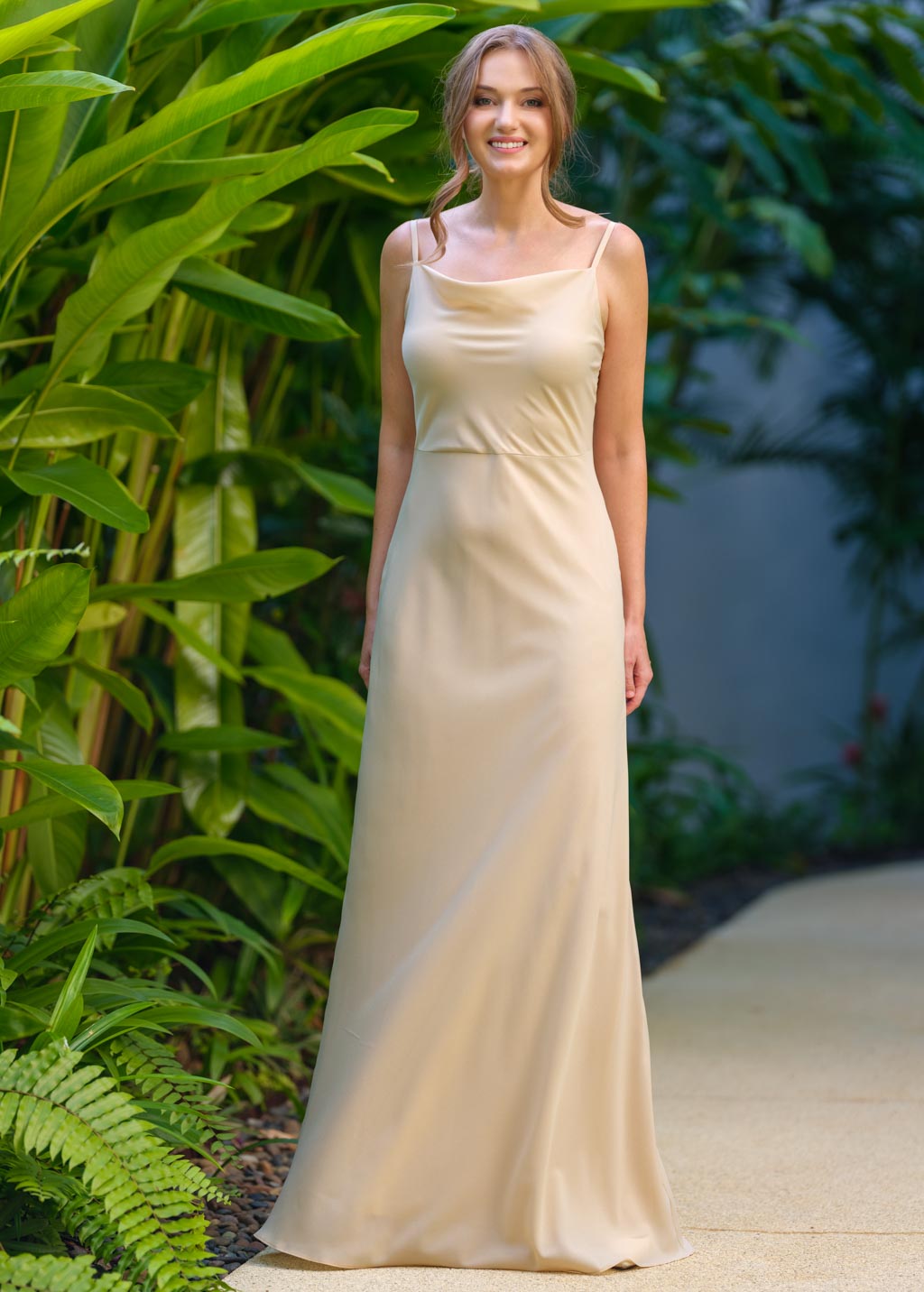 Champagne beige chiffon long dress with shawl