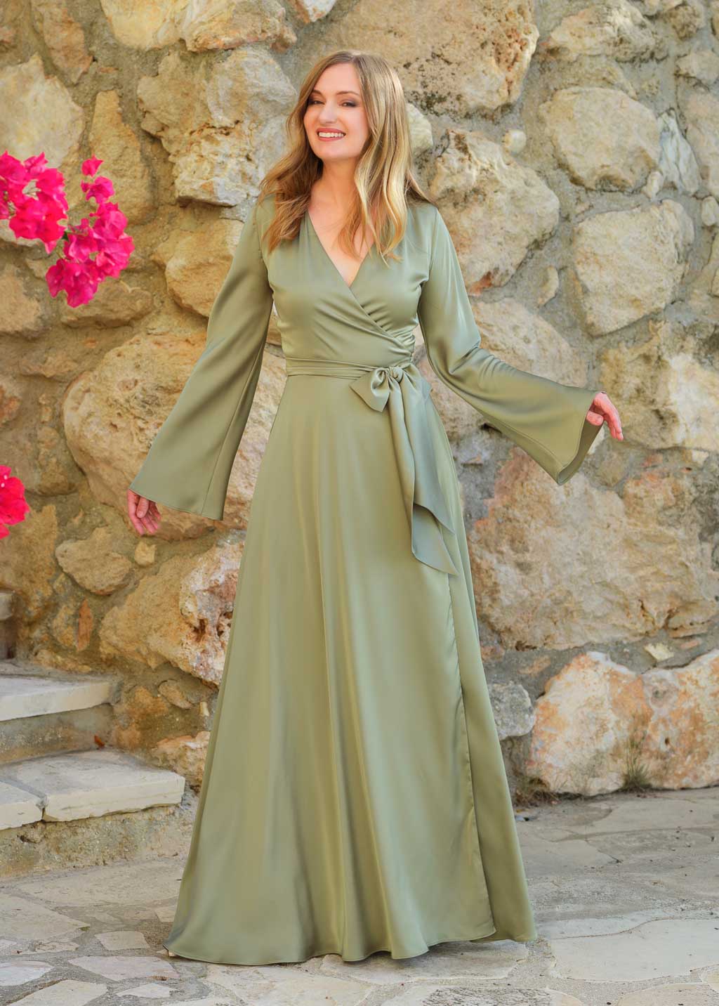 Olive green silk wrap dress
