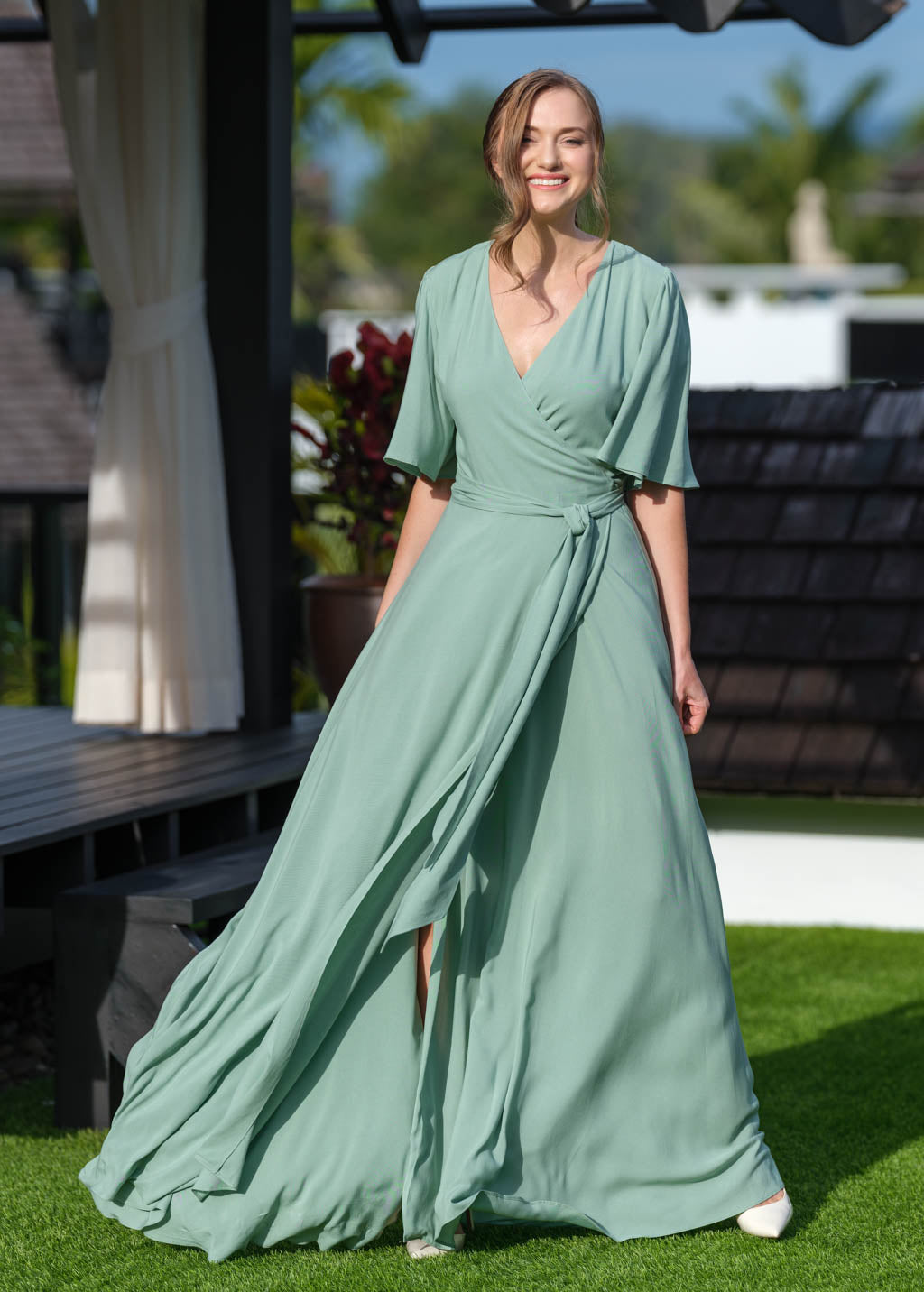 Sage Green romantic wrap dress